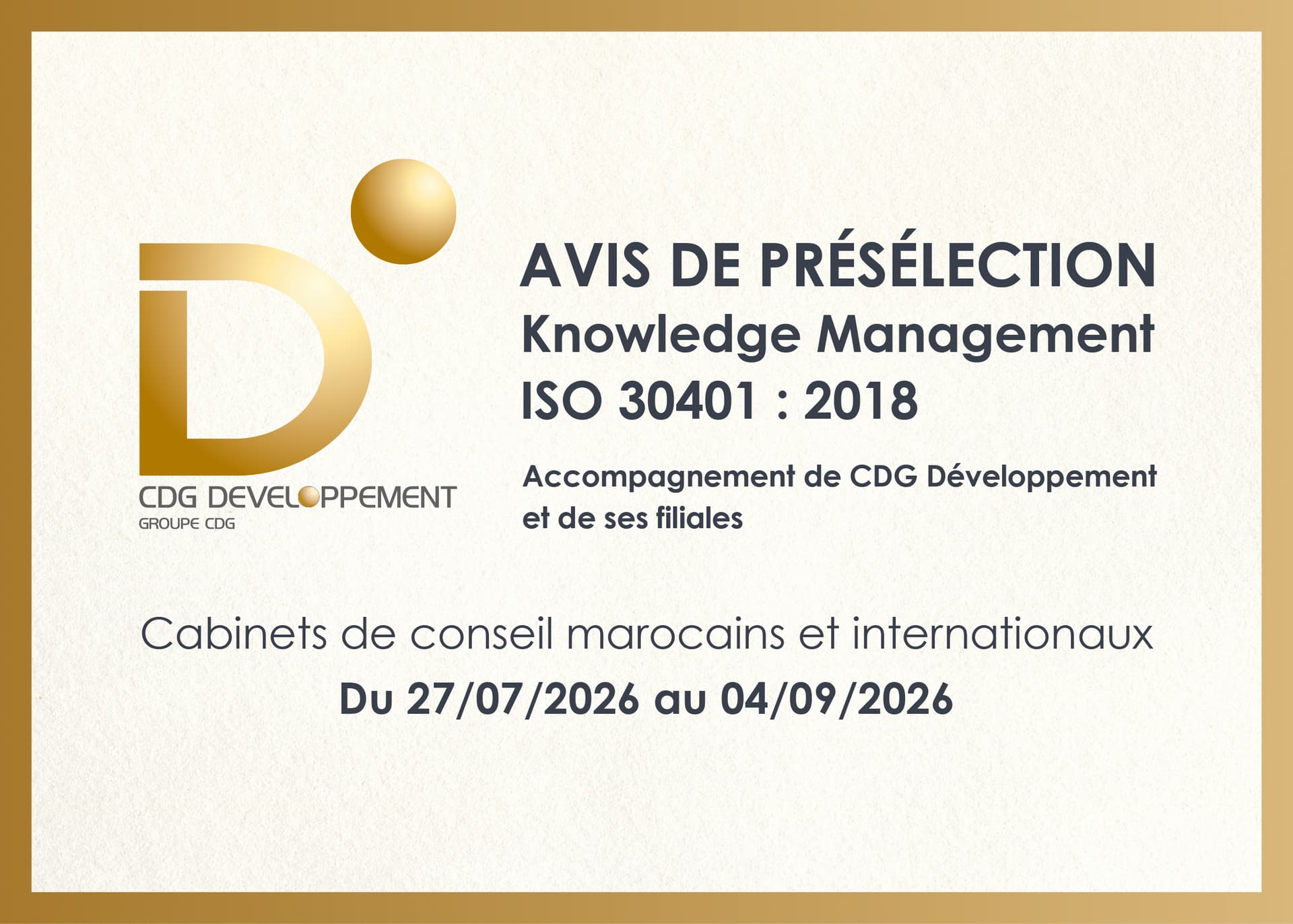 CDG DÉVELOPPEMENT AVIS DE PRÉSÉLECTION N° 01